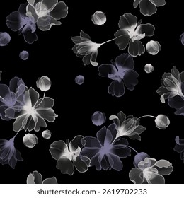 Floral seamless pattern features translucent flowers in shades of white and purple on a black background. The flowers and leaves have a painterly, slightly abstract quality