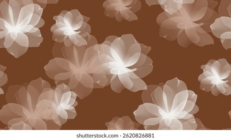 Floral seamless pattern features translucent camellia flowers in shades of brown and white on a solid brown background. The flowers have a painterly, slightly abstract quality