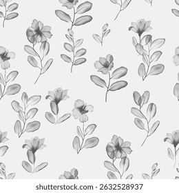Floral seamless pattern features translucent flowers in shades of gray on a light gray background. The flowers and leaves have a painterly, slightly abstract quality
