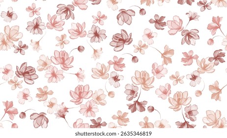Floral seamless pattern features translucent flowers in shades of pink and brown on a white background. The flowers have a painterly, slightly abstract quality
