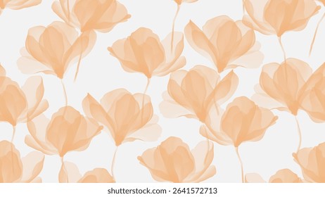 Floral seamless pattern features translucent magnolia flowers in shades of orange on a soft yellow background. The flowers have a painterly, slightly abstract quality