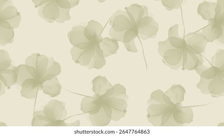 Floral seamless pattern features translucent hibiscus flowers in shades of green on a soft yellow background. The flowers have a painterly, slightly abstract quality