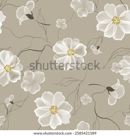 Floral seamless pattern features translucent white floral and line leaves on a light brown background, adding a sense of slightly vintage feel