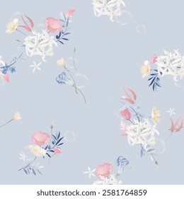 Floral seamless pattern features whimsical floral motif with a variety of flowers and leaves on a soft blue background, creating a fairytale-like atmosphere