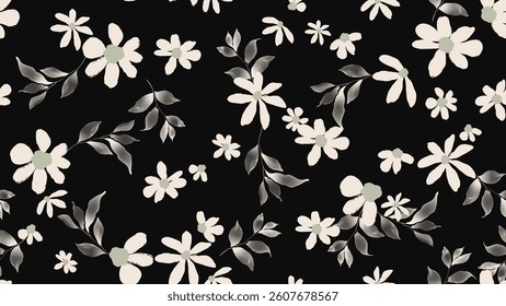 Floral seamless pattern features white daisies and leaves on a solid black background. The flowers and leaves have a painterly, slightly abstract quality