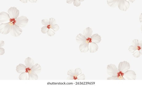 Floral seamless pattern features white hibiscus flowers with subtle pink and yellow centers scatter randomly on a off-white background