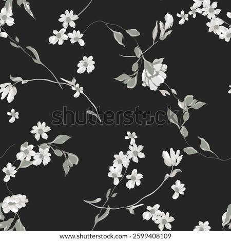 Floral seamless pattern features white and green floral blossoms and leaves on a dark gray background. The flowers and leaves have a painterly, slightly abstract quality