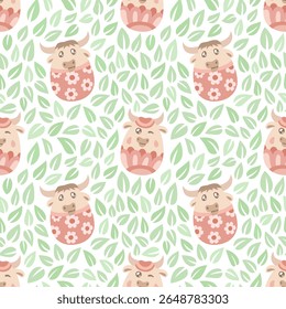 Floral seamless pattern featuring adorable bulls surrounded by green leaves on a white background