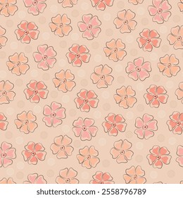 Floral seamless pattern featuring blooming Scandinavian pink wildflowers and polka dots. Allover print surface design of stylized flowers on peach color background. 