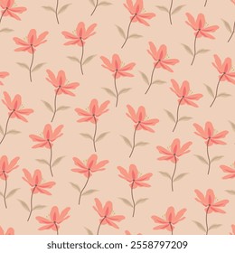 Floral seamless pattern featuring blooming stylized pink wildflowers. Allover print surface design of Scandinavian flowers on peach color background. 