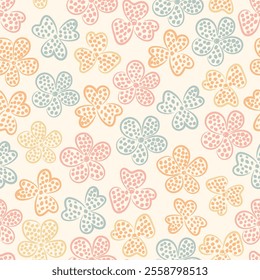 Floral seamless pattern featuring blooming stylized spotted flowers. Allover print surface design of multicolor stylized flowers on light pink background. 