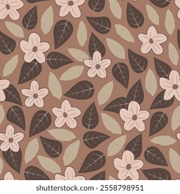 Floral seamless pattern featuring blooming Scandinavian flowers and leaves. Allover print surface design of stylized flowers on coffee mocha background. 