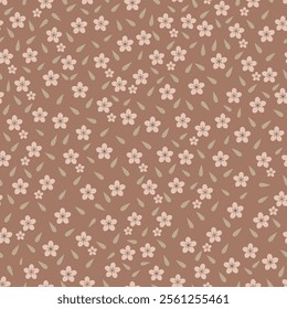 Floral seamless pattern featuring blooming Scandinavian flowers and leaves. Allover print surface design of stylized flowers on coffee mocha background. 