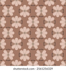 Floral seamless pattern featuring blooming stylized spotted flowers. Allover print surface design of monochromatic stylized flowers on light pink background. 