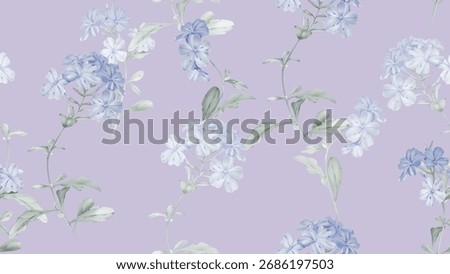 Floral seamless pattern featuring clusters of watercolor illustrations of Cape leadwort flowers and soft, grayish-green leaves on a solid purple background