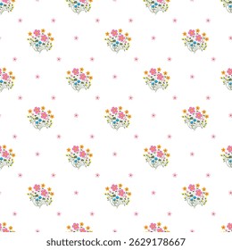 Floral seamless pattern featuring colorful flower bouquets with small details, perfect for decorative and design uses, evoking a mood of elegance and simplicity.