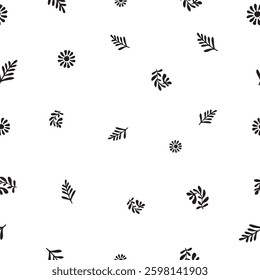Floral Seamless Pattern Featuring Delicate Black And White Plant Illustrations in Elegant Repetition. Floral vine pattern in black on a white background with delicate, swirling leaves.