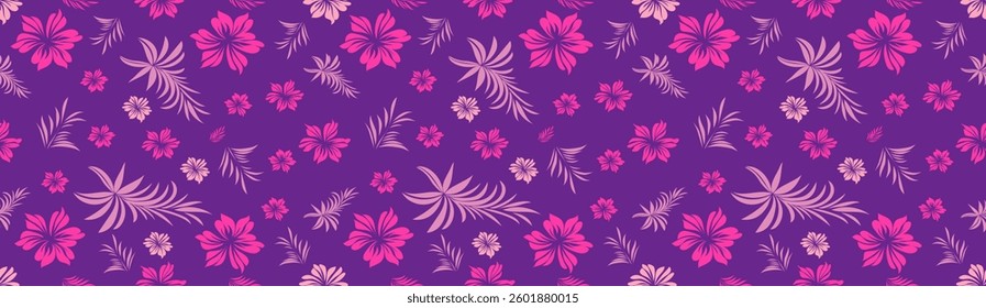Floral seamless pattern featuring pink hibiscus flowers and tropical palm leaves on a purple background. Bold flat style, top view. Bright summer design