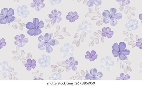 Padrão floral sem emenda com flores espalhadas do Cape leadwort e folhas translúcidas contra um fundo cinza sólido macio