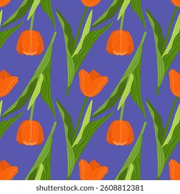 A floral seamless pattern featuring various colourful tulips with green leaves on a violet background. Geometric background pattern. Botanical design for print, wallpaper, textile, and wrapping paper.
