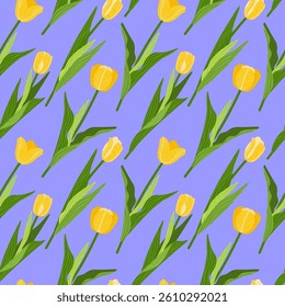 A floral seamless pattern featuring various colourful tulips with green leaves on a pale violet background. Geometrical background pattern. Botanical texture design for prints, wallpaper, and textiles