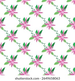 Floral seamless pattern featuring vibrant pink flowers with lush green leaves on a white background. Perfect for textile design, wallpaper, or creative projects.