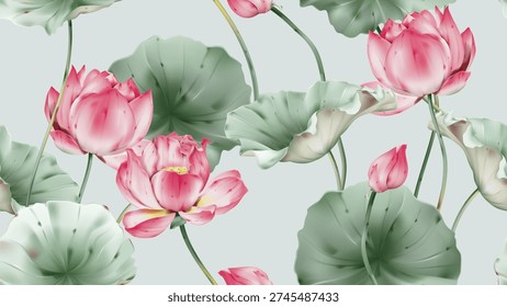 Floral seamless pattern featuring watercolor-style pink lotus flowers and green lily pads on a muted light teal background