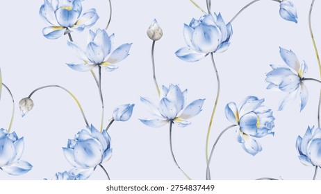 Floral seamless pattern featuring watercolor-style blue lotus flowers and buds on slender stems on a pale blue background