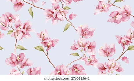 Floral seamless pattern featuring watercolor-style pink Bougainvillea flowers on a soft gray background