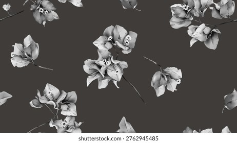 Floral seamless pattern featuring watercolor-style black and white Bougainvillea flowers on a dark gray background