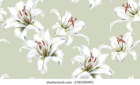 Floral seamless pattern featuring watercolor-style white Casa Blanca lily flowers on a soft green background