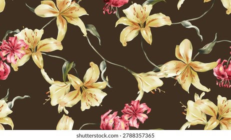 Floral seamless pattern featuring watercolor-style Pollyanna lily and Lilium chalcedonicum flowers on a dark brown background