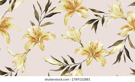Floral seamless pattern featuring watercolor-style yellow Pollyanna lily flowers and leaves on a soft brown background
