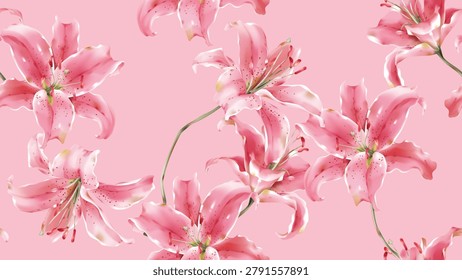 Floral seamless pattern featuring watercolor-style pink Lilium Sorbonne flowers on a pale pink background