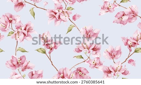 Floral seamless pattern featuring watercolor-style pink Bougainvillea flowers on a soft gray background