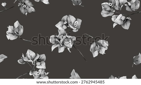 Floral seamless pattern featuring watercolor-style black and white Bougainvillea flowers on a dark gray background