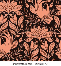 floral seamless pattern, female hands, silhouette flowers on a dark background