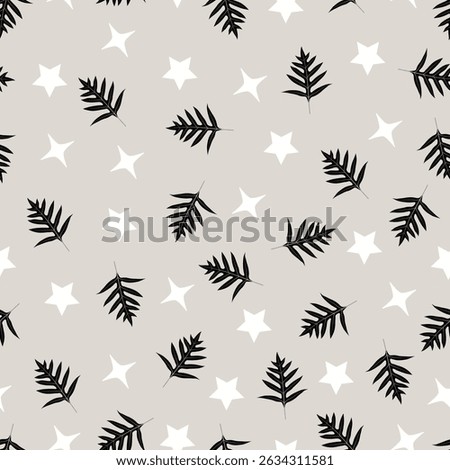 Floral seamless pattern of laua’e fern leaves. Foliage surface pattern design of tropical Hawaiian lauae fern leaves and stars on white timberwolf color background. 