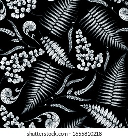 Floral seamless pattern. Fern sketch background. Hand drawn illustration. Tropical pattern. Vector illustration. Design template. Ink design