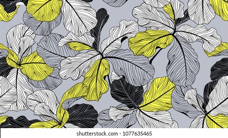 Floral seamless pattern, fiddle leaf fig on grey background, line art ink drawing, yellow and black tones