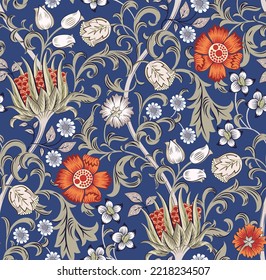 Floral seamless pattern with field of flowers on blue background. Vector illustration.