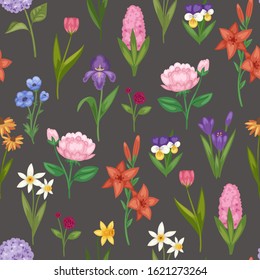 Floral seamless pattern with field and garden summer flowers vector ilustration. Field garden flowers anemone, peony and iris, wild florets in watercolor style on dark background, wrapping or textile.