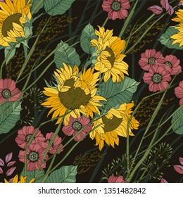 
Floral seamless pattern with field grass and sunflowers
