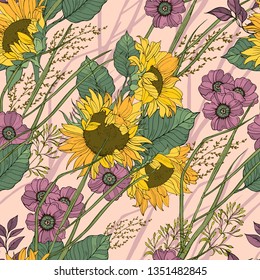 
Floral seamless pattern with field grass and sunflowers