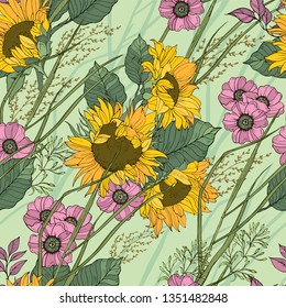 
Floral seamless pattern with field grass and sunflowers