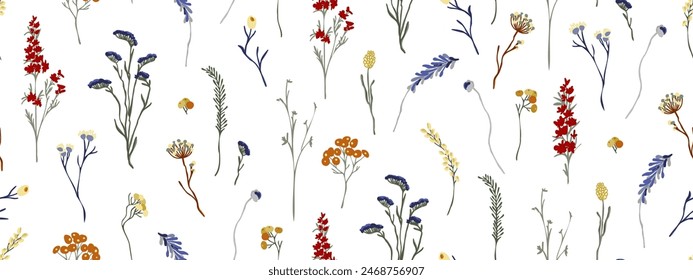 Floral seamless pattern. Field long stem flowers. Vector background.