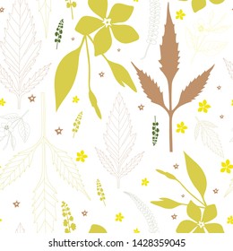 Floral seamless pattern of field plants of the North-Western Caucasus bidens, V. major on a white background, large green-yellow inflorescences, beige and green foliage. Linear hand graphics and blur.