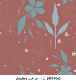 Floral seamless pattern of field plants of the North-Western Caucasus bidens, V. major on a pink background. Floral background. Linear background of blue foliage. Background of small light gray colors