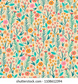 Floral seamless pattern. Field of  wild flowers. Hand drawn vector illustration.