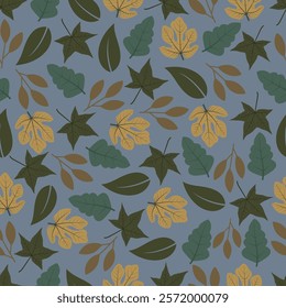 Floral seamless pattern of fig and sweetgum leaves. Allover print foliage surface design on slate gray color background. 